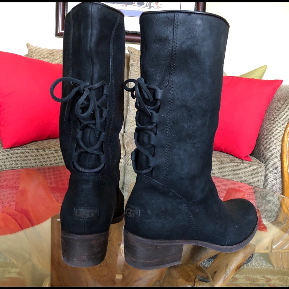 UGH black suede lace-up calf boots